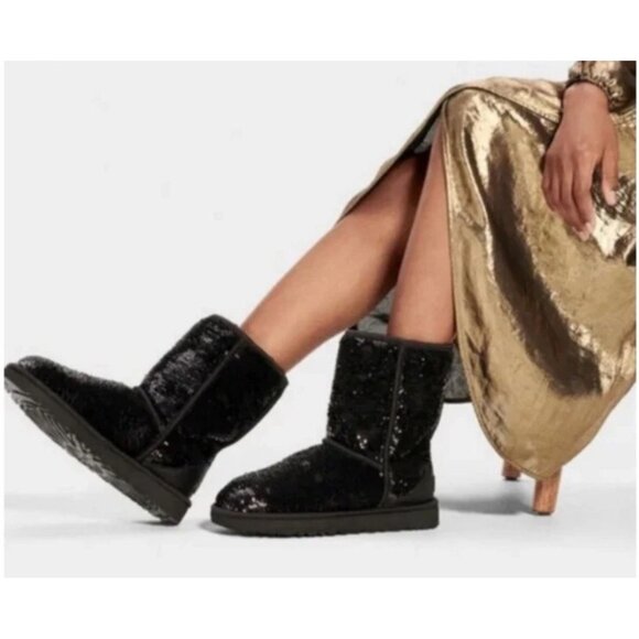 Women's‎ UGG Classic Short Black Sequin Winter Boot SZ: 6 - Picture 3 of 9